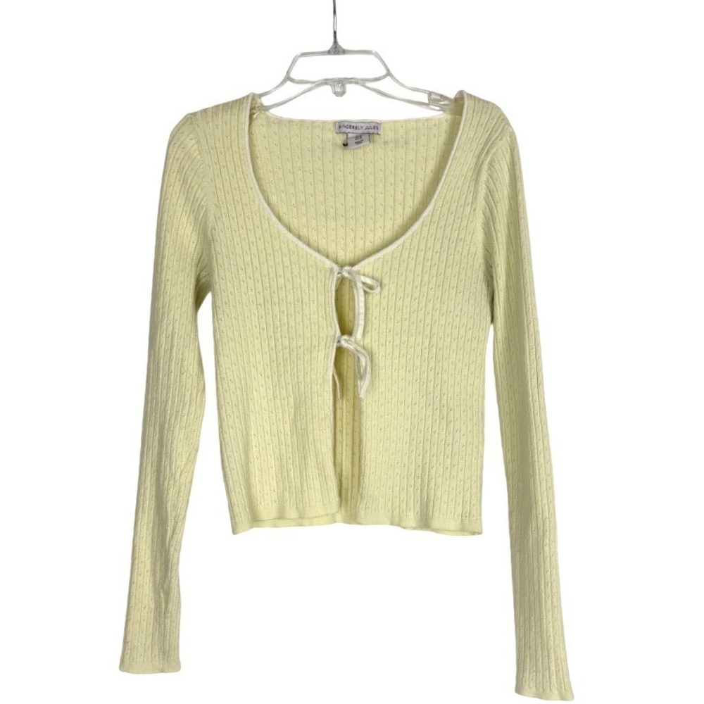 Sincerely Jules Yellow Tie Front Cardigan Womens M‎ Cropped Ribbed Y2K Coquette